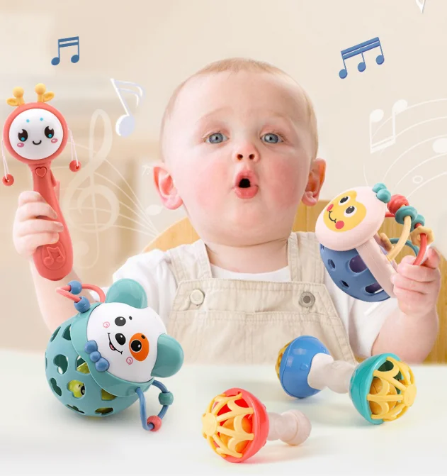 Amazon hot sell baby belling musical plastic silicone colorful hand baby rattles for kids