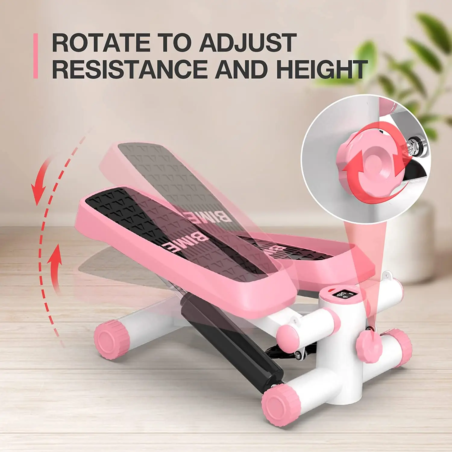 KitGody Mini Stepper Con Bande Elastiche – Per Allenamento A Casa, Supporta 150 Kg, Display LED, Funzionamento Silenzioso, Rosa - 2