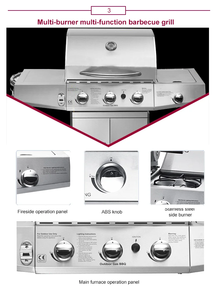 Easily Assembled And Cleaned 3 Burner+1 Side Burner Gas Grill With High Pressure Protection Device Stainless Steel Gas Grill
