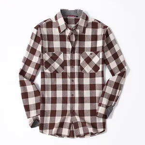 European American Casual Flannel Long Sleeve Shirt for Men Ground Large Plaid Double Pocket Spring Season Anti-Wrinkle Twill