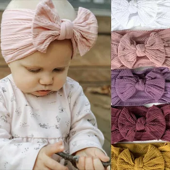Handmade Baby Girls Hair Bands Cable Knit Stretchy Nylon Headband with Bows for Newborn Infant Baby Toddler