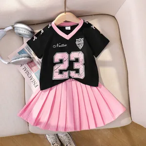 Summer Casual Sports Style Girls' Letter Print Worsted Two-Piece Set Short Sleeve Top Pleated Skirt 2-7 Years