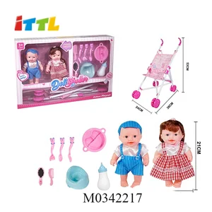 ITTL Hot Sale Vinyl Twins Doll Play Set Non Toxic Baby Toy Doll Carrier with Music
