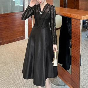 ZYHT 21882 Black Lace Midi Dress with V-Neck & Long Sleeves Textured Bodice & Flared Skirt Rhinestone Detail Women's Dresses