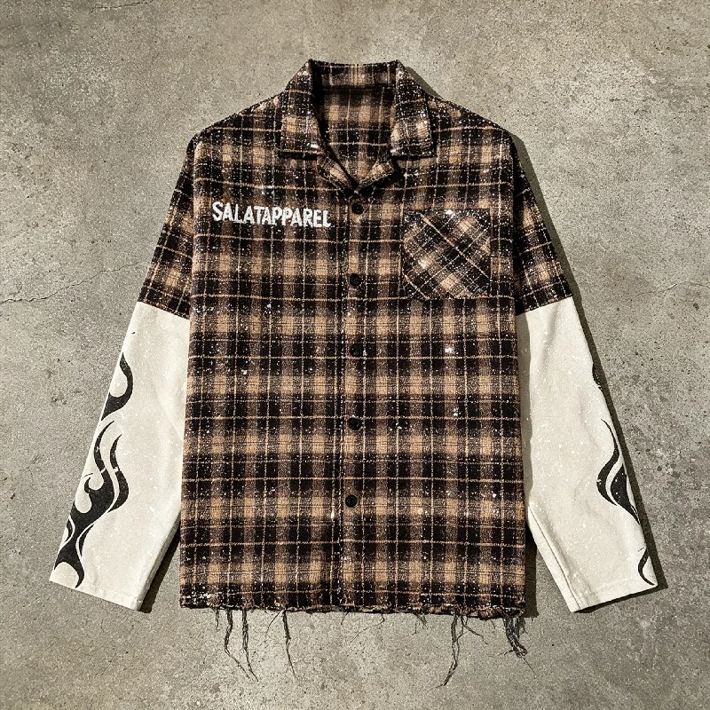 Salati Boxy Cropped Long Sleeve Tee Diamond Rhinestone Embroidery Check Plaid Button Up Flannel Shirt For Men gallery 6