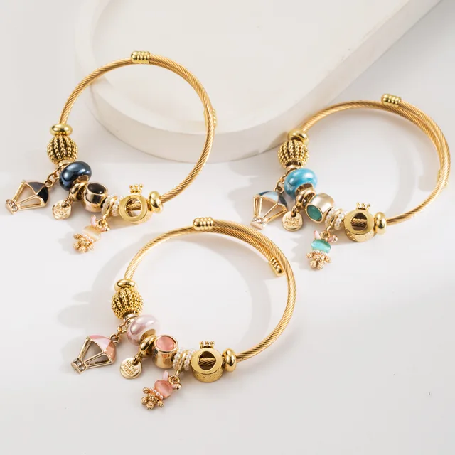 Hot sale gold plated stainless steel balloon charm bracelet large hole beads rabbit pendant adjustable bangle bracelet for girls