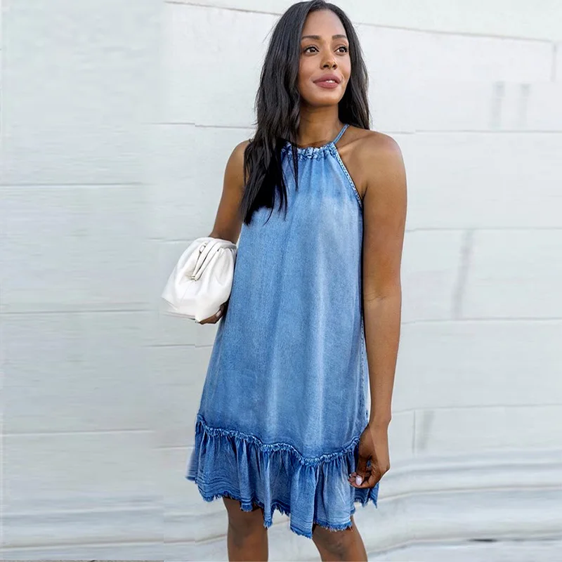 New Oem Fashion Loose Ladies Jeans Women Halter Ruffles Dresses Denim Dress