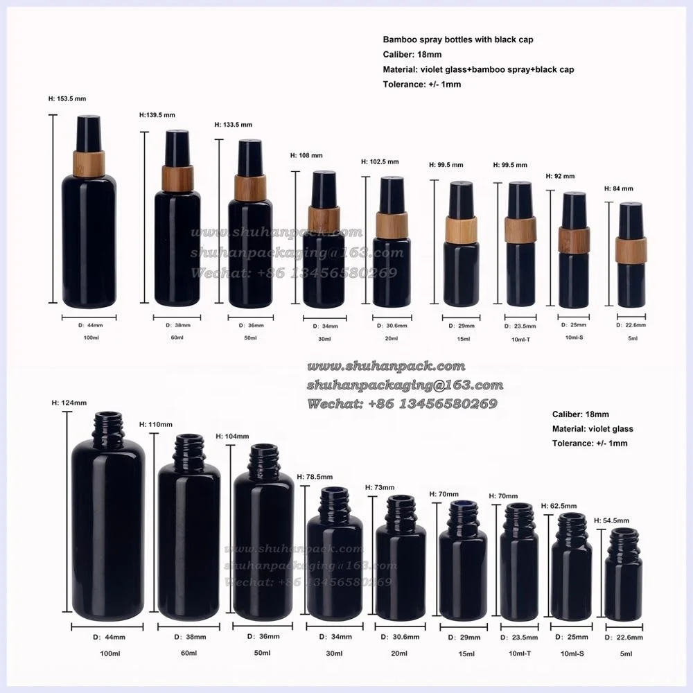 wood bamboo spray 18/415 violet black sprayer empty glass dark oil bottle 15ml 30ml 50ml black essential oil bottle