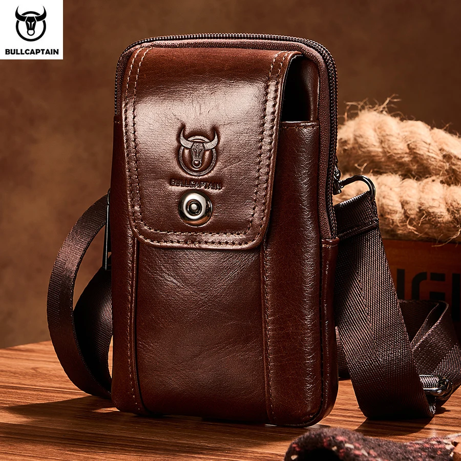 BULLCAPTAIN Men's Sport Small Messenger Bag Travel Shoulder Leather Waist  Pouch Cell Phone Crossbody Purse Logo Outdoor Use