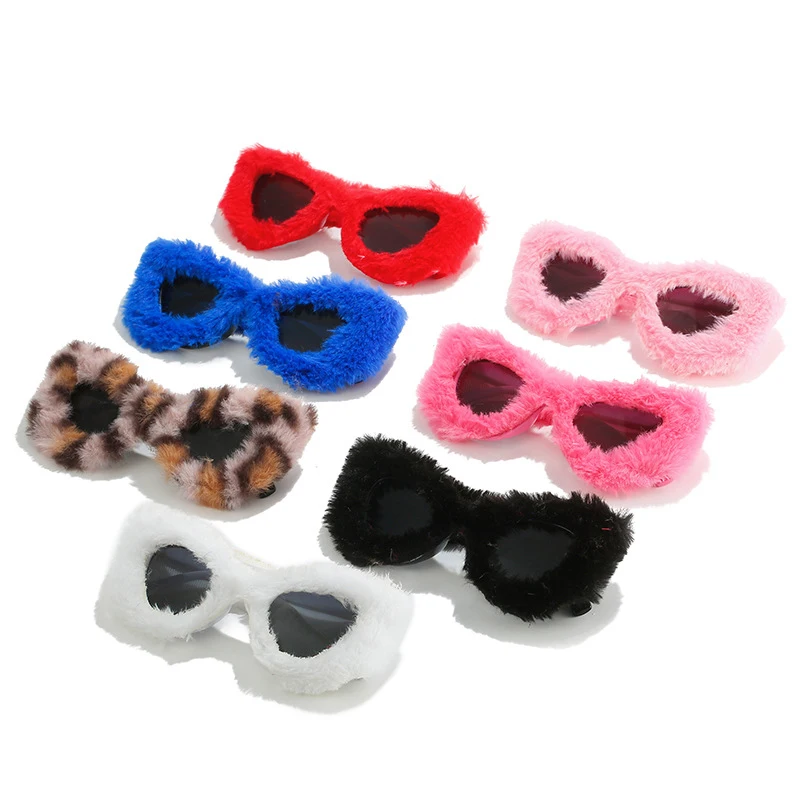 Pink Plush Fuzzy Cat Eye Sunglasses Punk Soft Velvet Shades Trendy FEISEDY Women Plush Fuzzy Small Rectangle Sunglasses Punk  main image 4