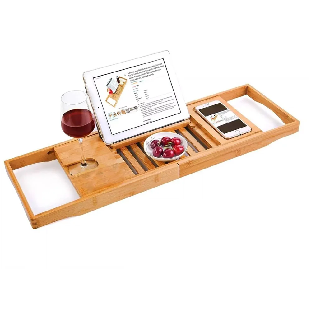 Wholesale Expandable and Adjustable Bamboo Bathtub Tray Rack Wholesale Bathroom Sets with Customizable Storage