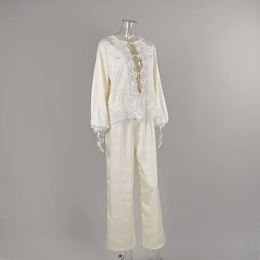 Women Satin Pajama Set Lace Trim Tie Front Long Sleeve Full Length Pants Breathable Sleepwear — detail
