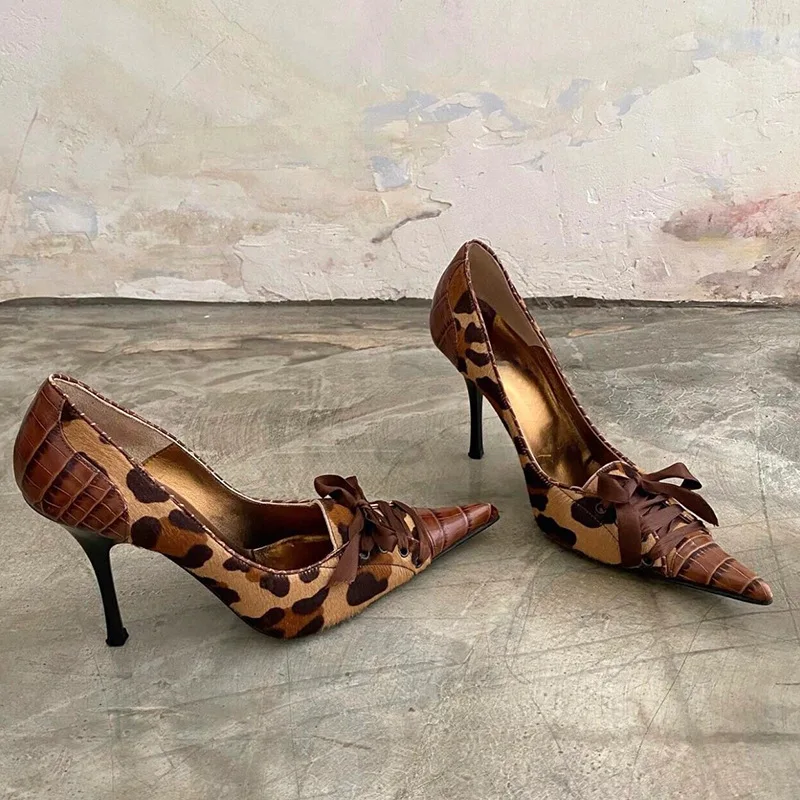 2024 Women Latest Pointed Toe Stiletto Pumps Leopard Animal Print Shoes Lace Up Design Ladies High Heel Shoes - Image 4