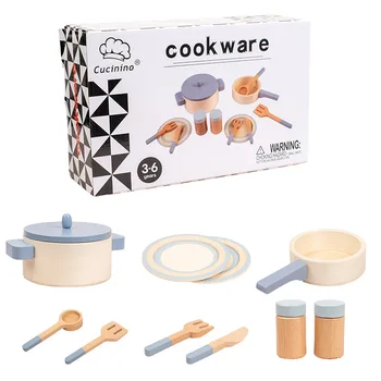 Simulation play house baby toys kitchenware cooking wooden blue pots and pans for boys and girls play house baby cooking toy