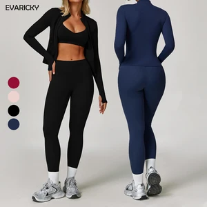 Best Selling Women's 3-Piece Workout Set High Waist Sports Yoga Pants Leggings Long Sleeve Zip Jacket Solid Pattern Sports Bra