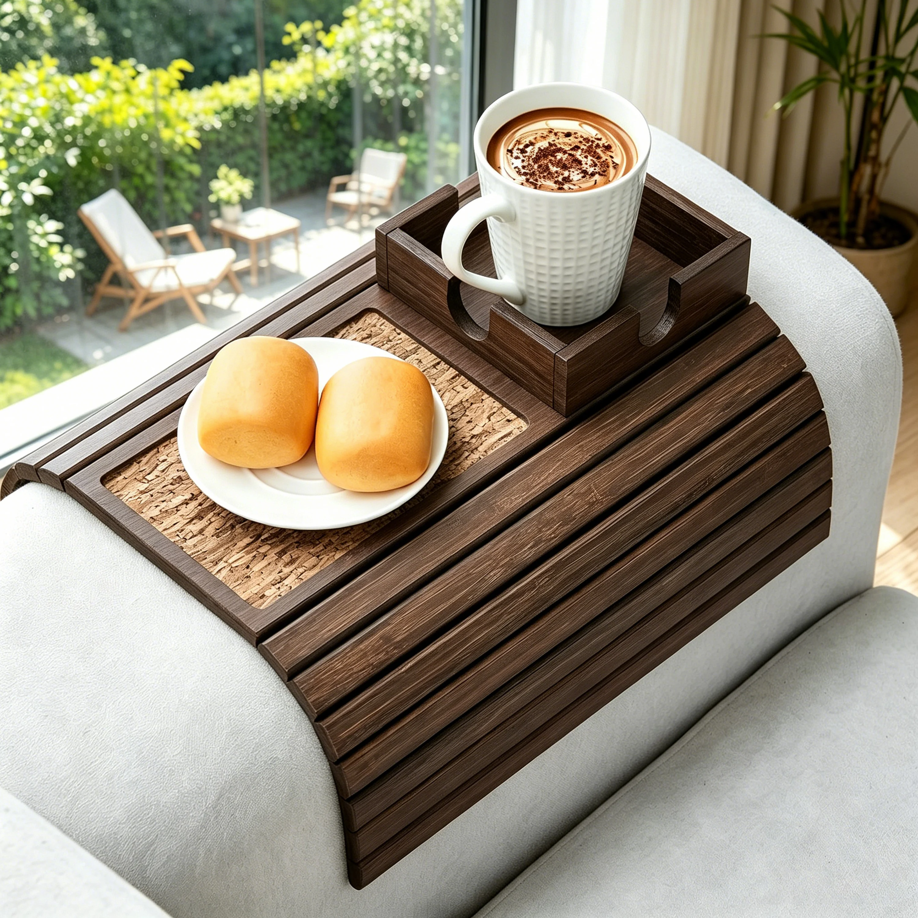 Bamboo Sofa Armrest Tray Couch Arm Table Organizer Custom Foldable Bamboo Arm Tray With Cup Holder