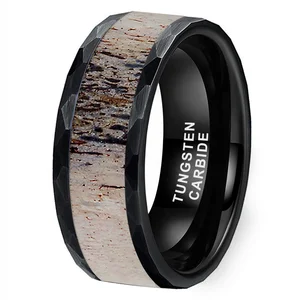 Coolstyle Jewelry 8mm Wholesale Black Hammered Tungsten Ring for Men Women Deer Antler Inlay Fashion Engagement Wedding Band