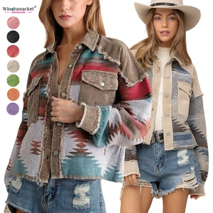 Western Winter Jacket Woman Distressed Raw Fringe Coats Patch Pockets Cowgirl Aztec Corduroy Jackets for Women