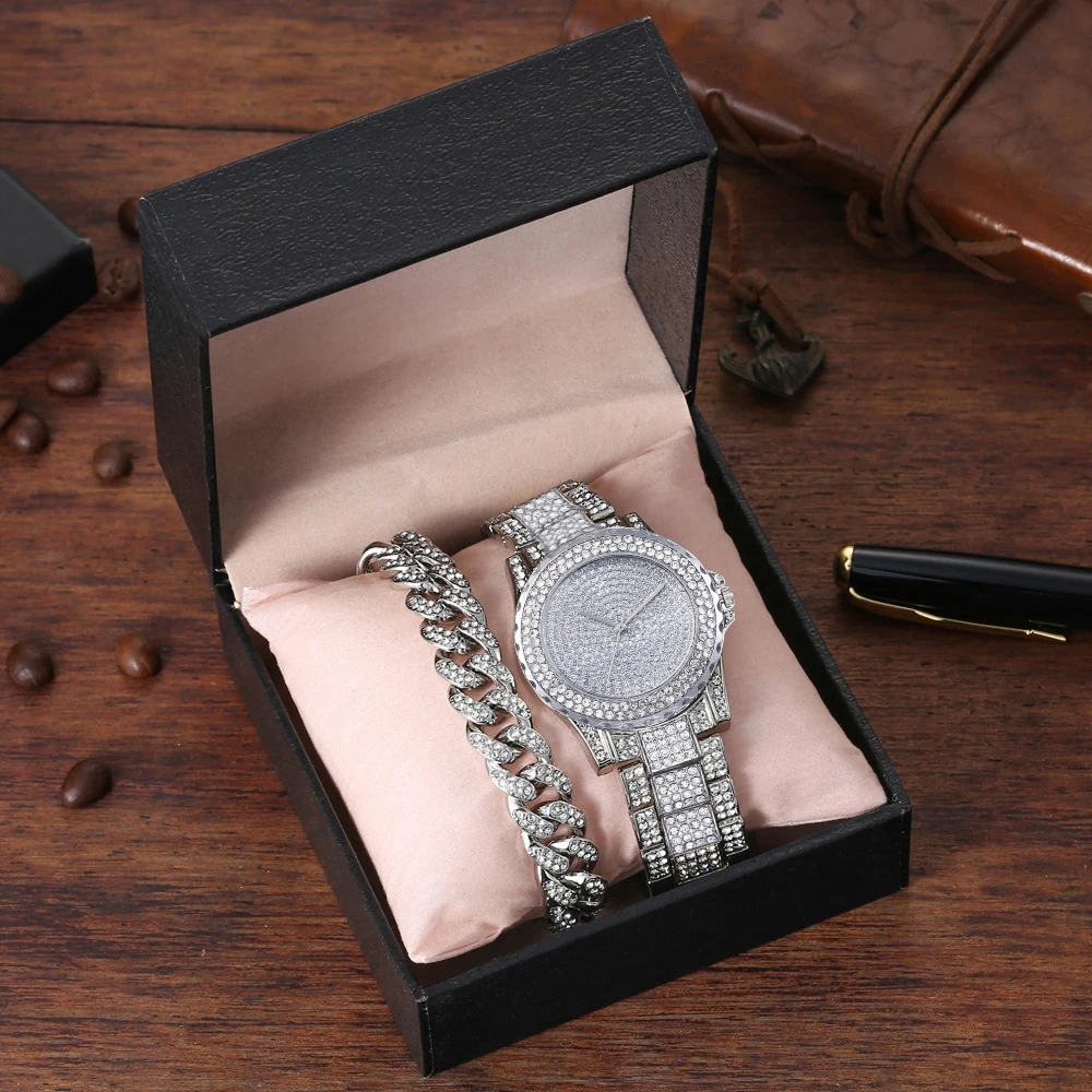 8438 Fashion Watch Women Stainless Steel Diamond Watch Set With Cuban Link  Bracelet Women Jewelry Sets