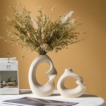 2 piece Home Hotel  Living Room Lobby Lounge Elegant Ornament Craft Tabletop Flower Vases Abstract Modern Ceramic Vase Set