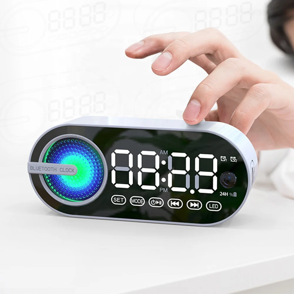 Mirror Desk Clock with BT Speaker Digital LED Colorful Light Desk Table FM Radio Alarm Clock Electronic Calendars 2023