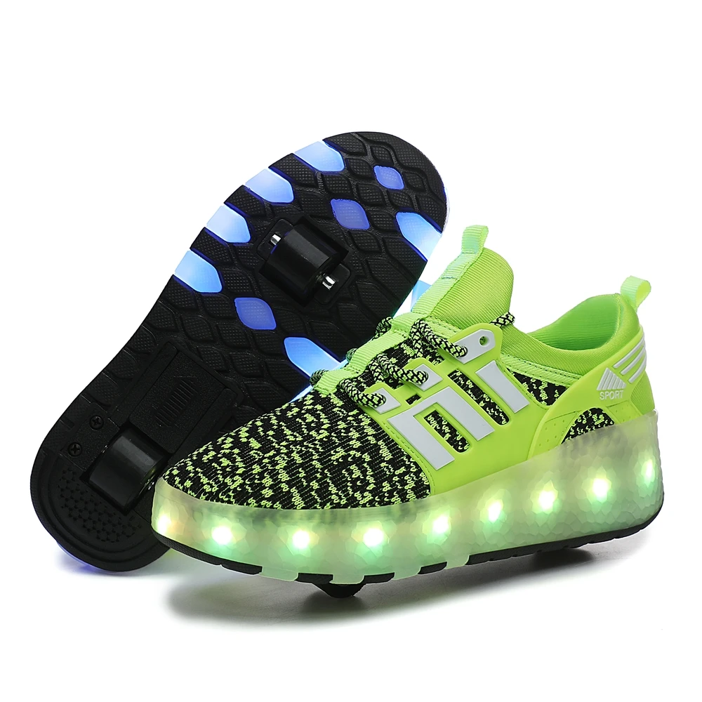 Wholesale Kids Sneakers Children Baby Girls Boys Letter mesh Led Luminous Sports Remote control light roller shoes B904