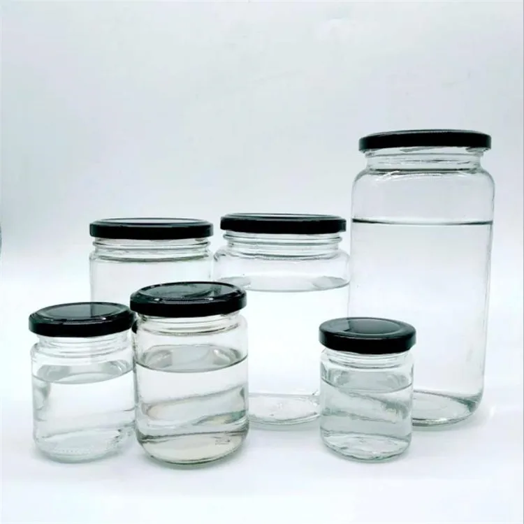 250ml wholesale round glass bottles food glass jars with black tin metal lid for honey candy packaging