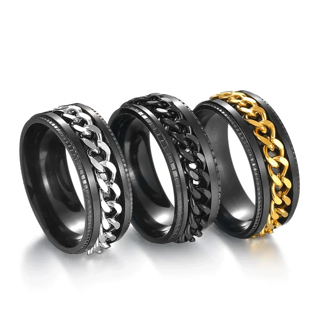 Men's Personality Hip Hop Finger Rings 18k Gold Plated Stainless Steel Chain Spinner Ring Movable Cuban Link Rings