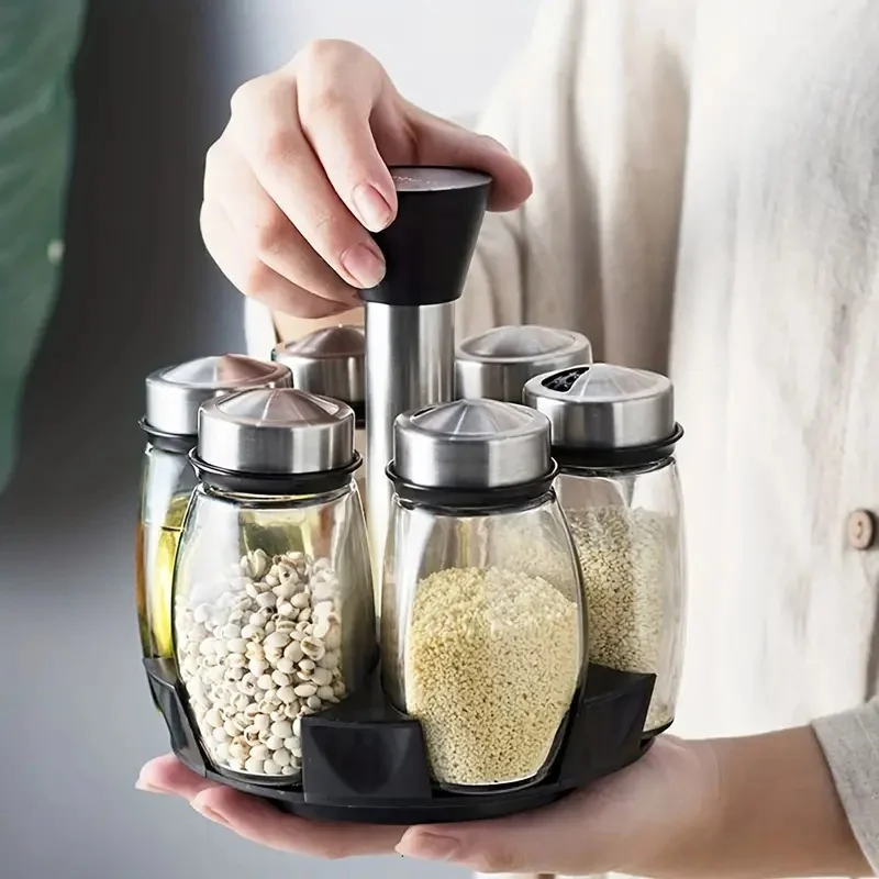 360 Degree Rotating Spice Rack with 6 Jars Multifunctional Rotating ...
