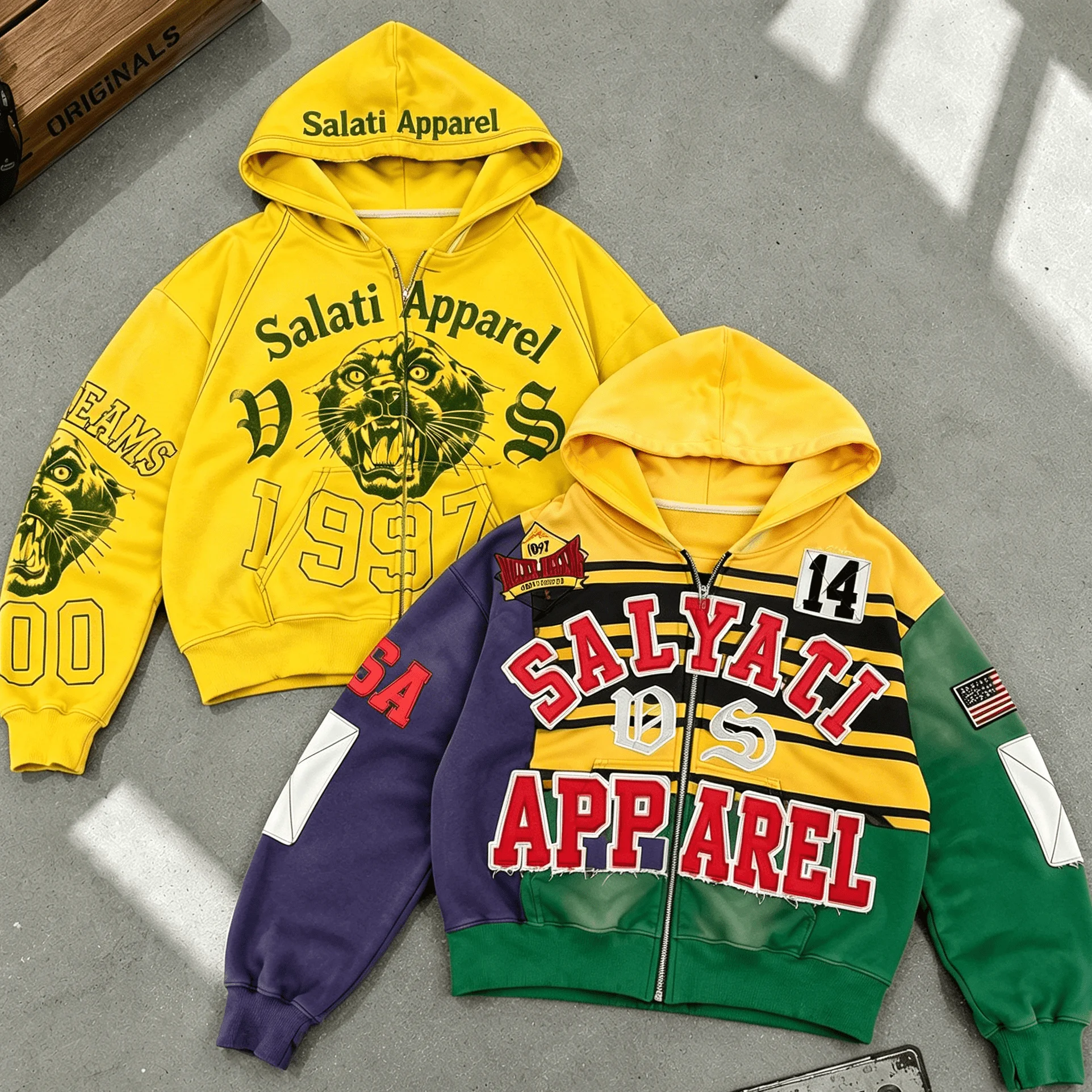 Men Zip up Hoodie Jacket Color Block Patchwork Embroidery Panther Graphic Y2K Urban Hip Hop Streetwear