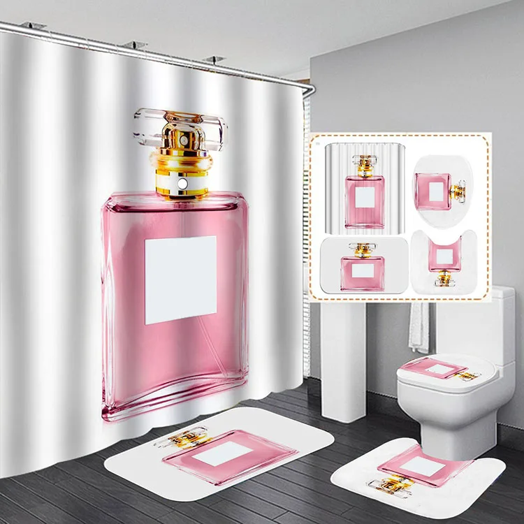 Custom 3D Digital Print Designers Logo Luxury Bathroom Rug Sets Famous Name Brand Shower Curtain and Mats