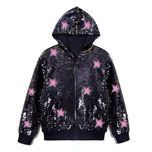 Customized Kids Hooded Jackets Flip Sequin Zipper Bomber Coat for Boys Outerwear Clothes