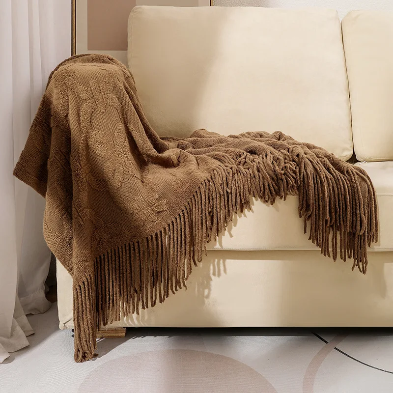 Factory Fringe Knit 100% Acrylic Jacquard Solid Home Decor Striped Pattern Throw Blankets for Chair Sofa Couch Bed-for Hotels factory