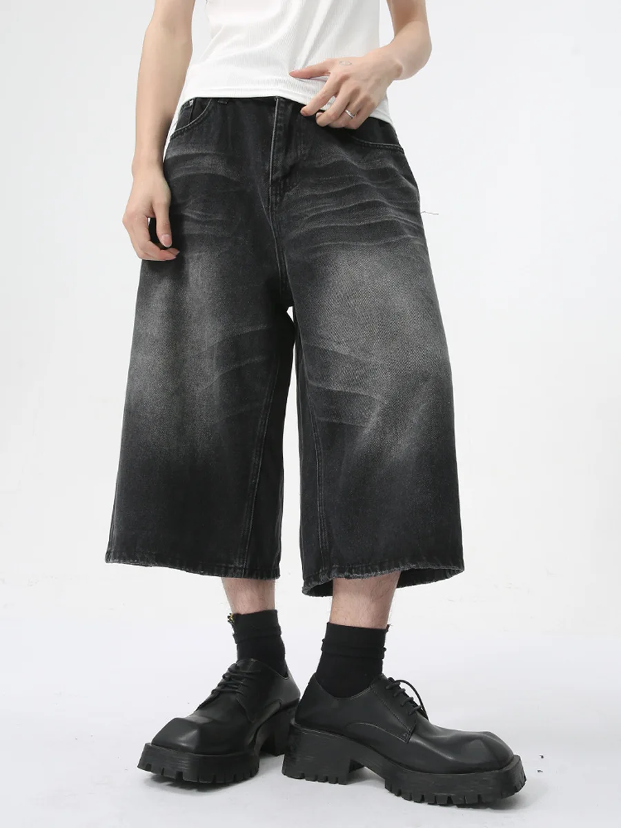 Pantaloni estivi dritti larghi da uomo, retrò, verdi, a gamba larga, drappeggiati, pantaloncini in denim corti, jeans larghi da uomo_voghion.com