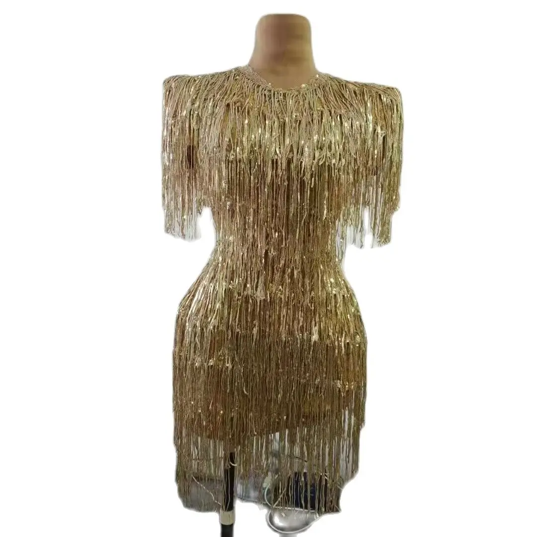 Gold Sequin Fringed Midi Party Dress For Women - Odm Gold Sequin Fringed Midi Party Dress For Women - Odm