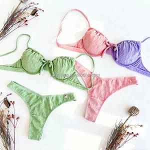 Micro Mini Custom Seamless Women's Bikini Set V-Strings Underwire Textured Jacquard Fabric Eco-Friendly Swimwear Featuring