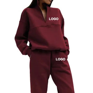 2025 Spring Custom Logo Women Two Piece Set Solid Color Long Sleeve Zipper Stand Collar Set Loose Sports Casual Tracksuits