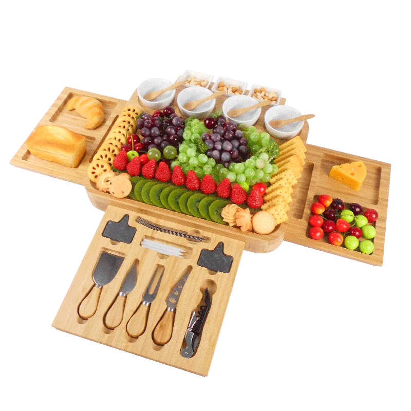 Bamboo Cheese Board Set Charcuterie Platter Serving Meat Board Including 4 Stainless Steel Knife 