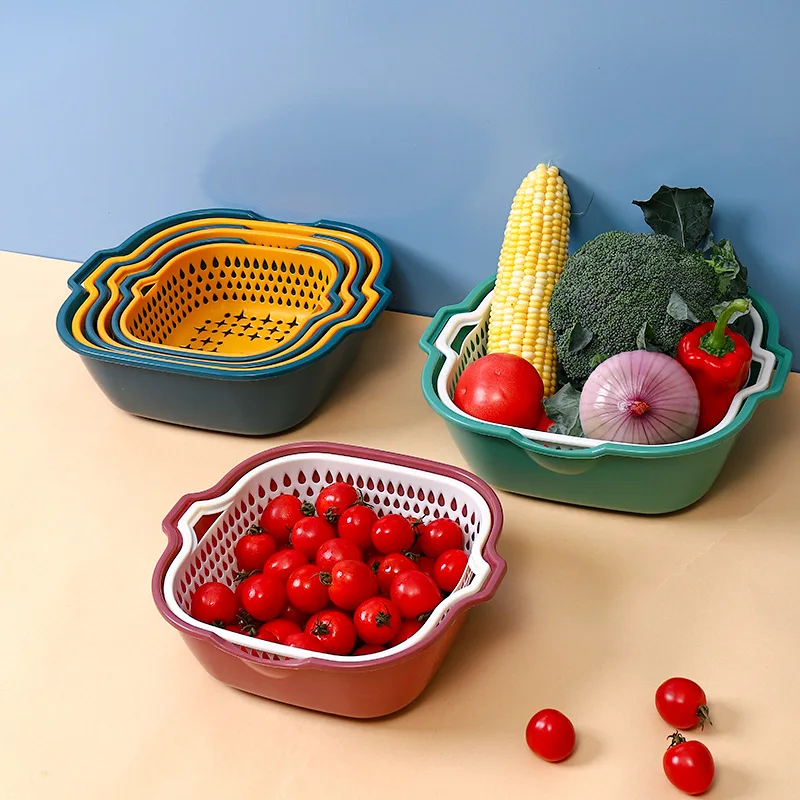 Double thick washing basin multi-purpose kitchen storage drain basket Household fruit and vegetable basket plastic drain basket