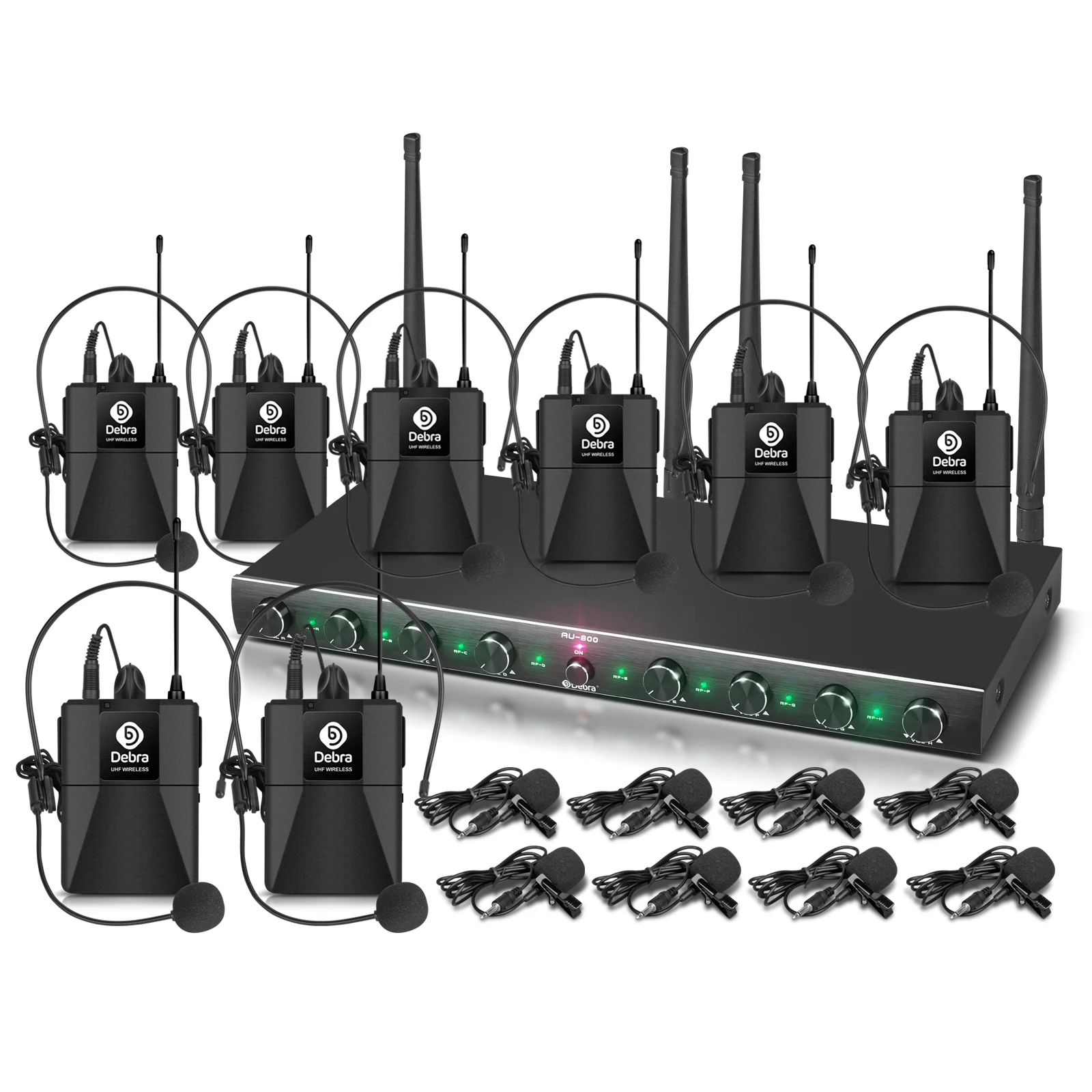 8 Channel UHF Wireless Microphone System Handheld/Lavalier/Headset Mic for Karaoke Conference Presentation