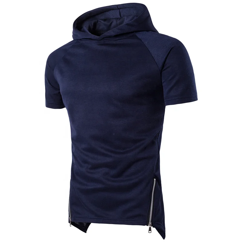 JL0429D Unique Cut Double Zip Pullover Short Sleeve Hooded Sweatshirt Short Sleeve Hood Shirts for Men
