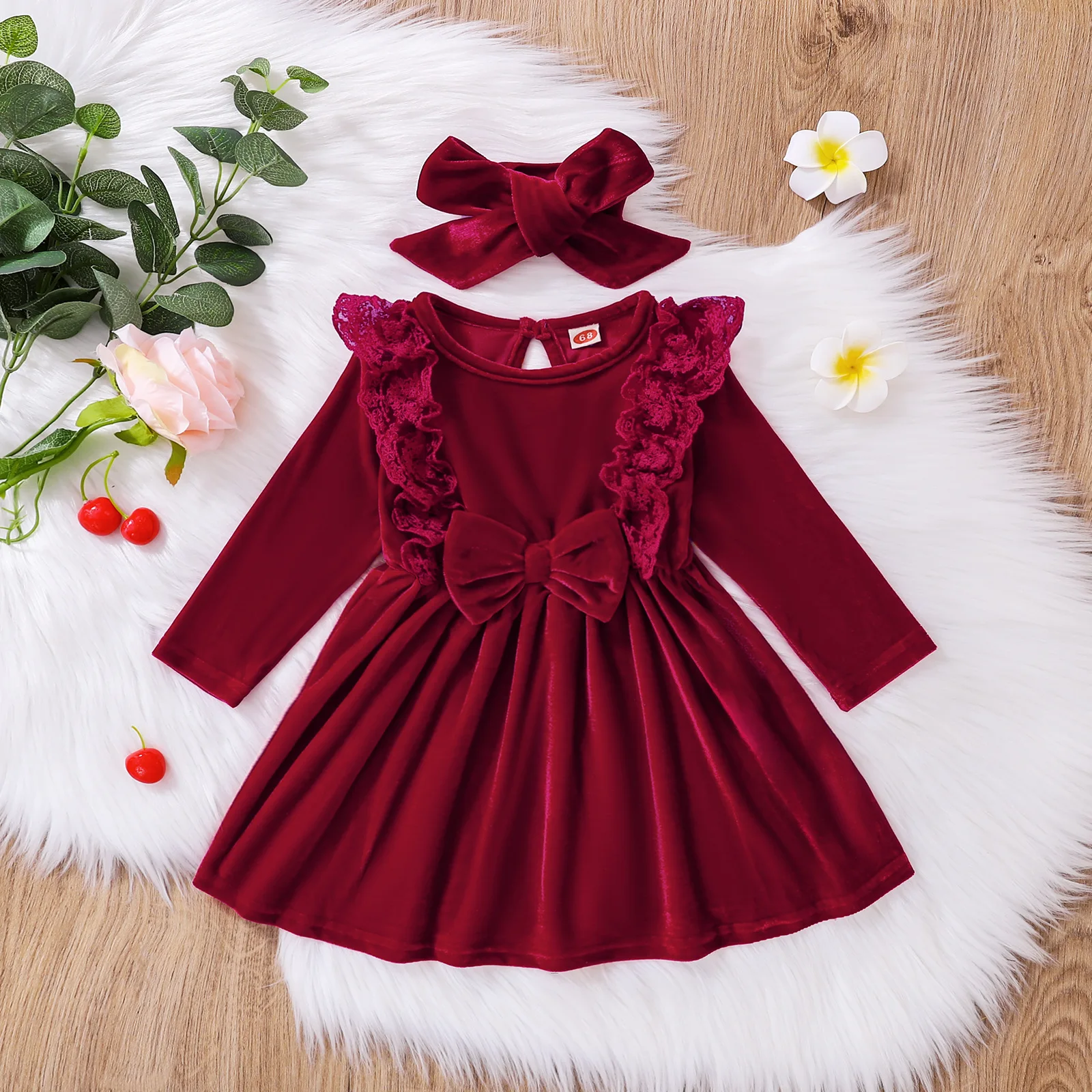 Baby Girls Velvet Dress Toddler Girl Clothes Bowknot Burgundy Dresses