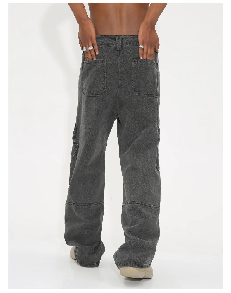 2024 Poches latérales design cargo pour jean gris droit ample gris foncé pour hommes_voghion.com