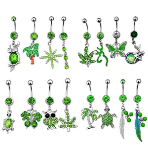 Green Leaves Belly Ring Zircon Stainless Steel Body Piercing Summer Ladies Belly Ornament Wedding Turtle Heart Nail Design