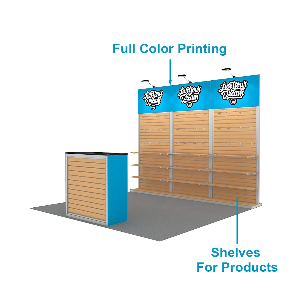 Durable Aluminum Frame Custom Print 10x10 Modular Shelf Stand Slatwall Exhibition Portable Trade Show Booth