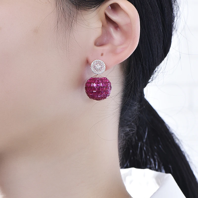 Invisible Setting Ruby Zircon Earrings Jewelry New Model Stud Earring Customized Ball Women Fashion Dangle Earrings Jewelry
