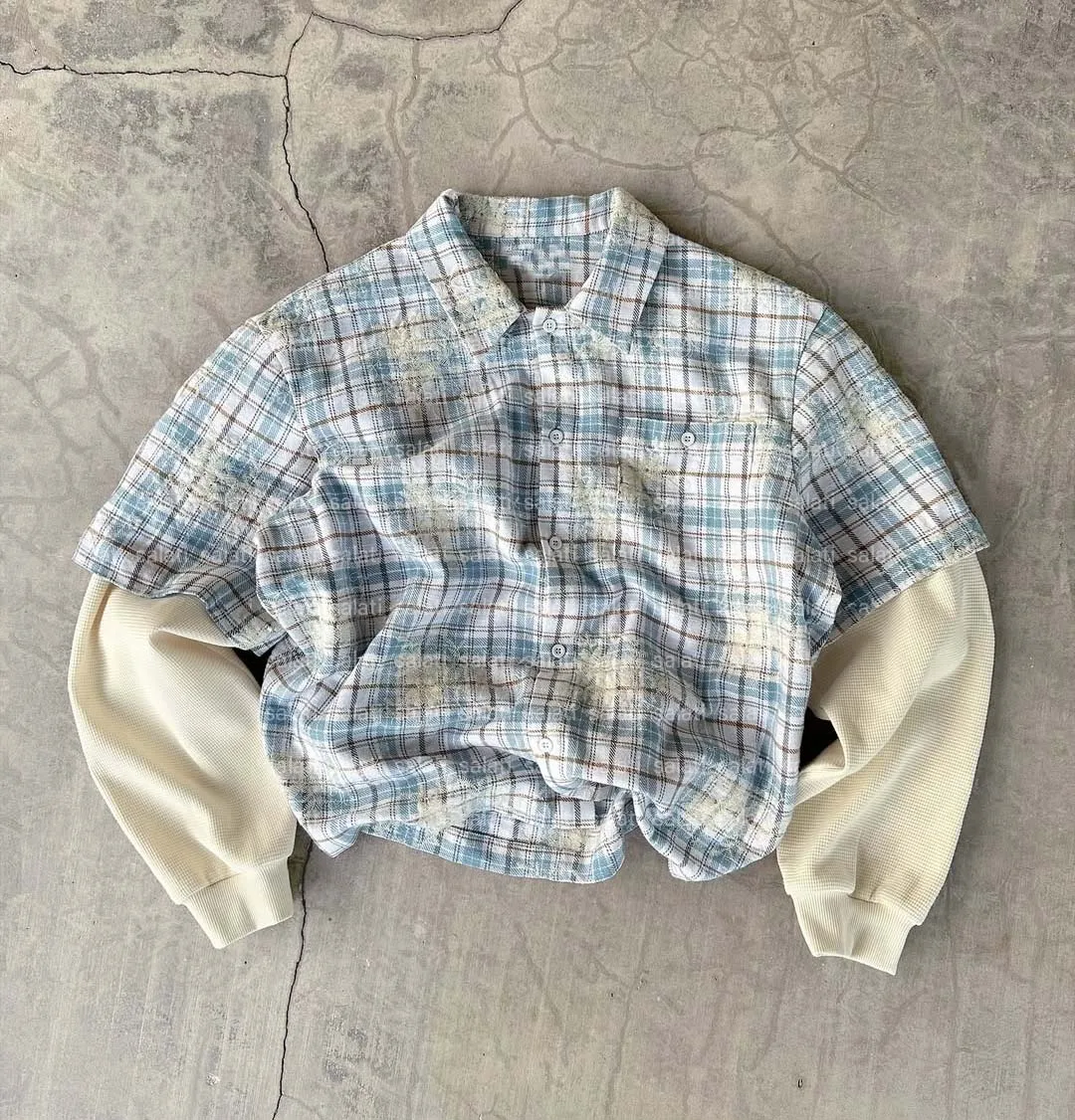 Salati Manufacturer Boxy Fit Jacquard Embroidery Oversized Button up Plaid Flannel Shirt Double Layer Long Sleeve T-shirt Men gallery 6