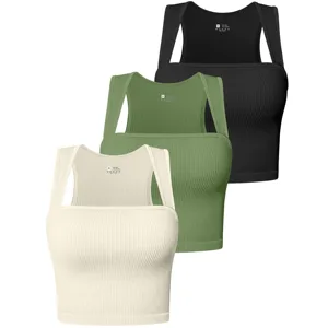 Women's High Quality Seamless Yoga Sports Top with Exposed Navel Square Neck Front Logo Placement