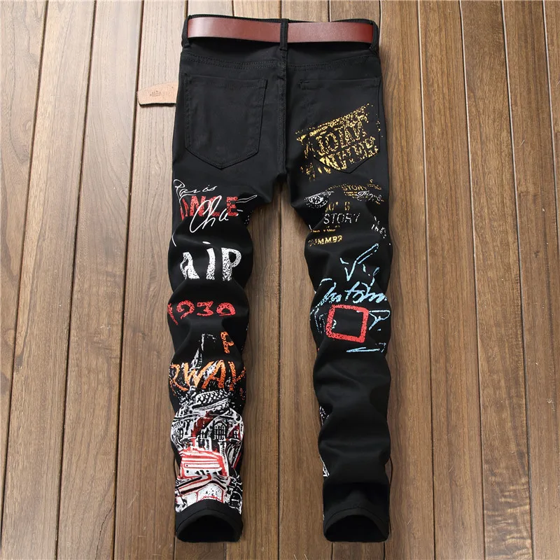 Men Cotton Letter Patched Ripped Jeans