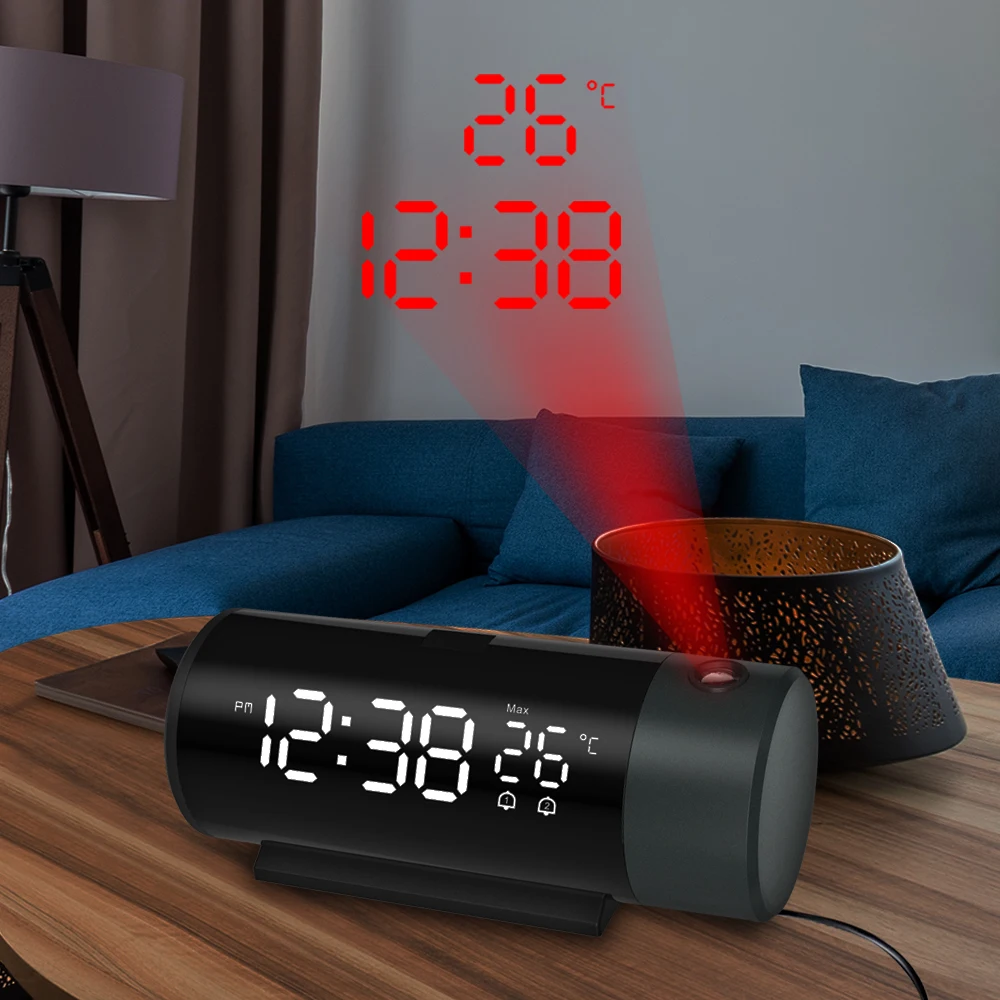 Digital Projection Alarm Clock with Temperature 180 Rotation USB Electronic Table Bedroom Bedside 3D Wall Snooze Alarm Clock